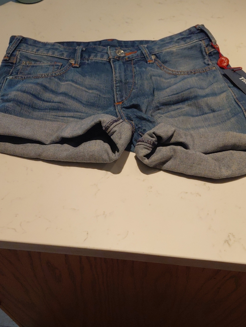 True Religion Light Wash Rolled Cuff Denim Shorts